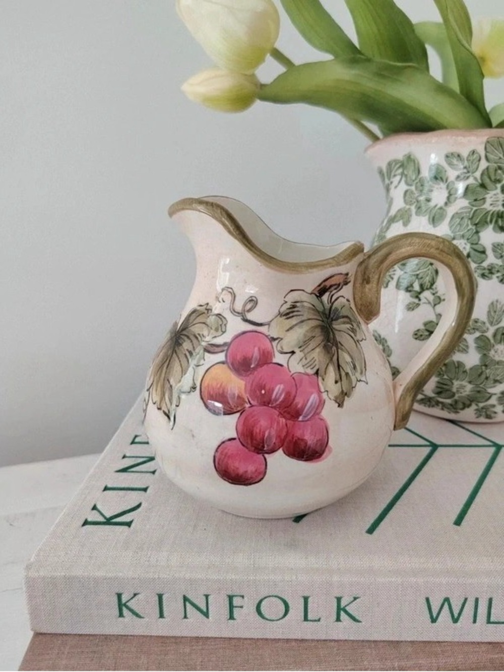 Hand-Painted Ceramic Grape Pitcher in Pink and Gold Accent